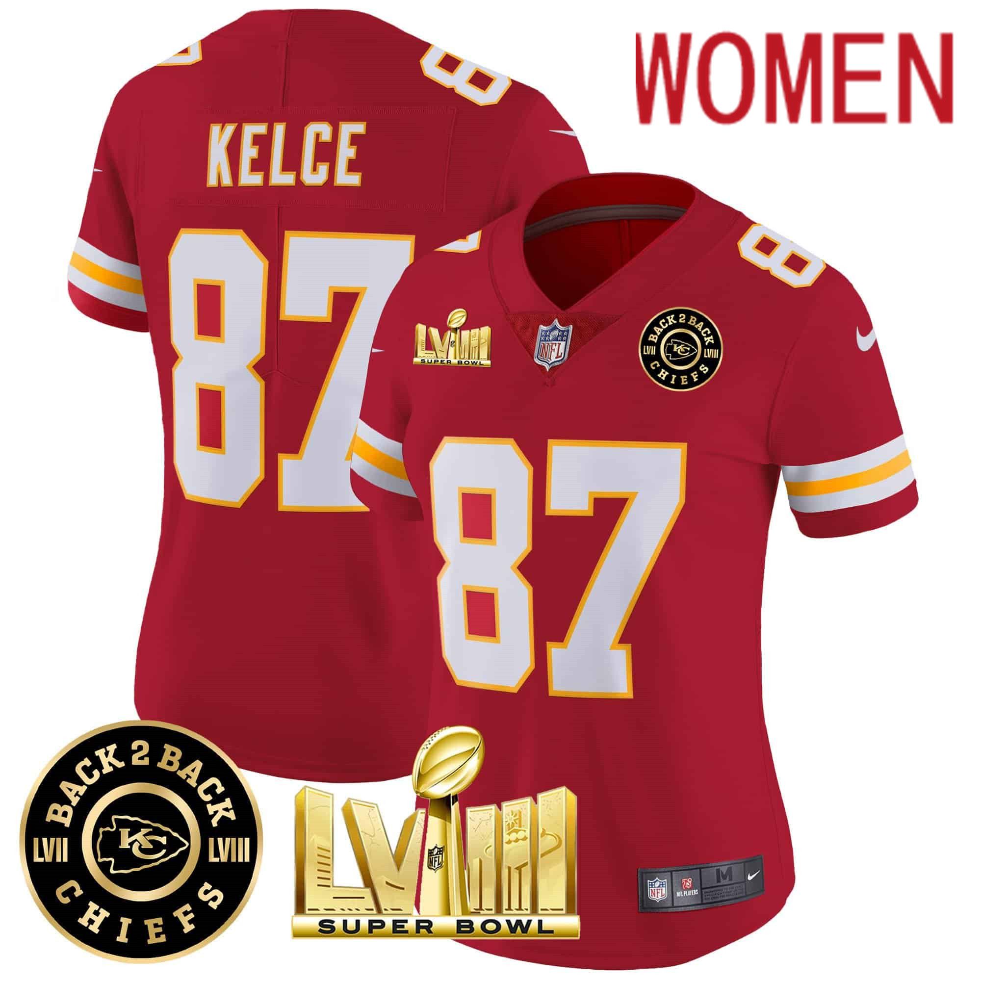Women Kansas City Chiefs #87 Kelce Red 2024 Nike Super Bowl LVIII & Back-2-Back Patch Vapor NFL Jersey style 3->customized nfl jersey->Custom Jersey